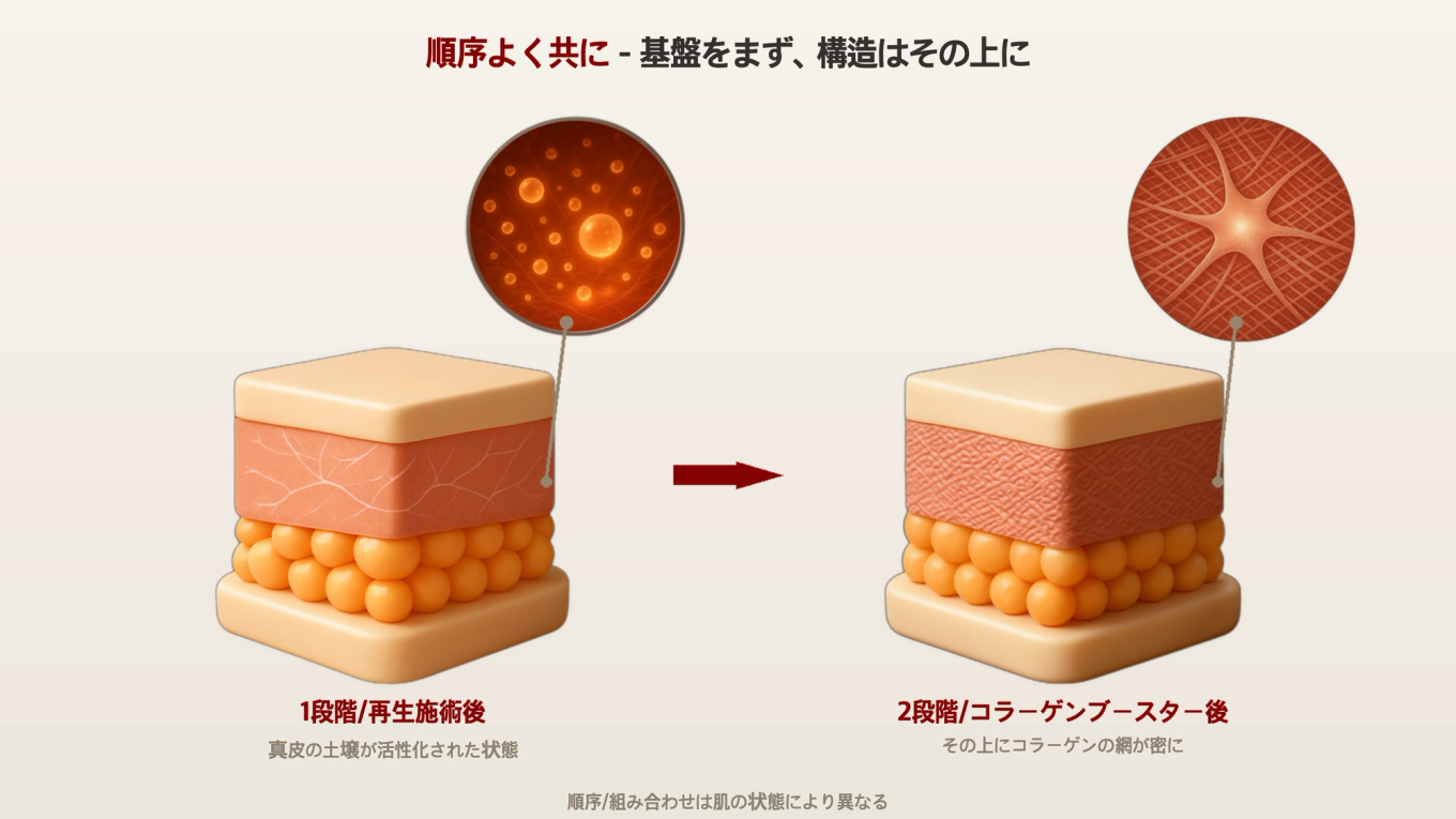 再生施術で基礎を整えた後にコラーゲンブースターで構造を築く基礎から補強へと続く2段階タイムライン図