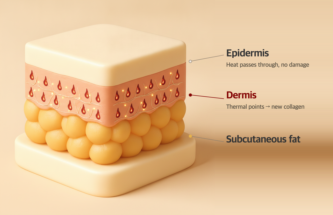 Ultrasound lifting leaves small thermal coagulation points at set depths in the dermis while the epidermis is left untouched