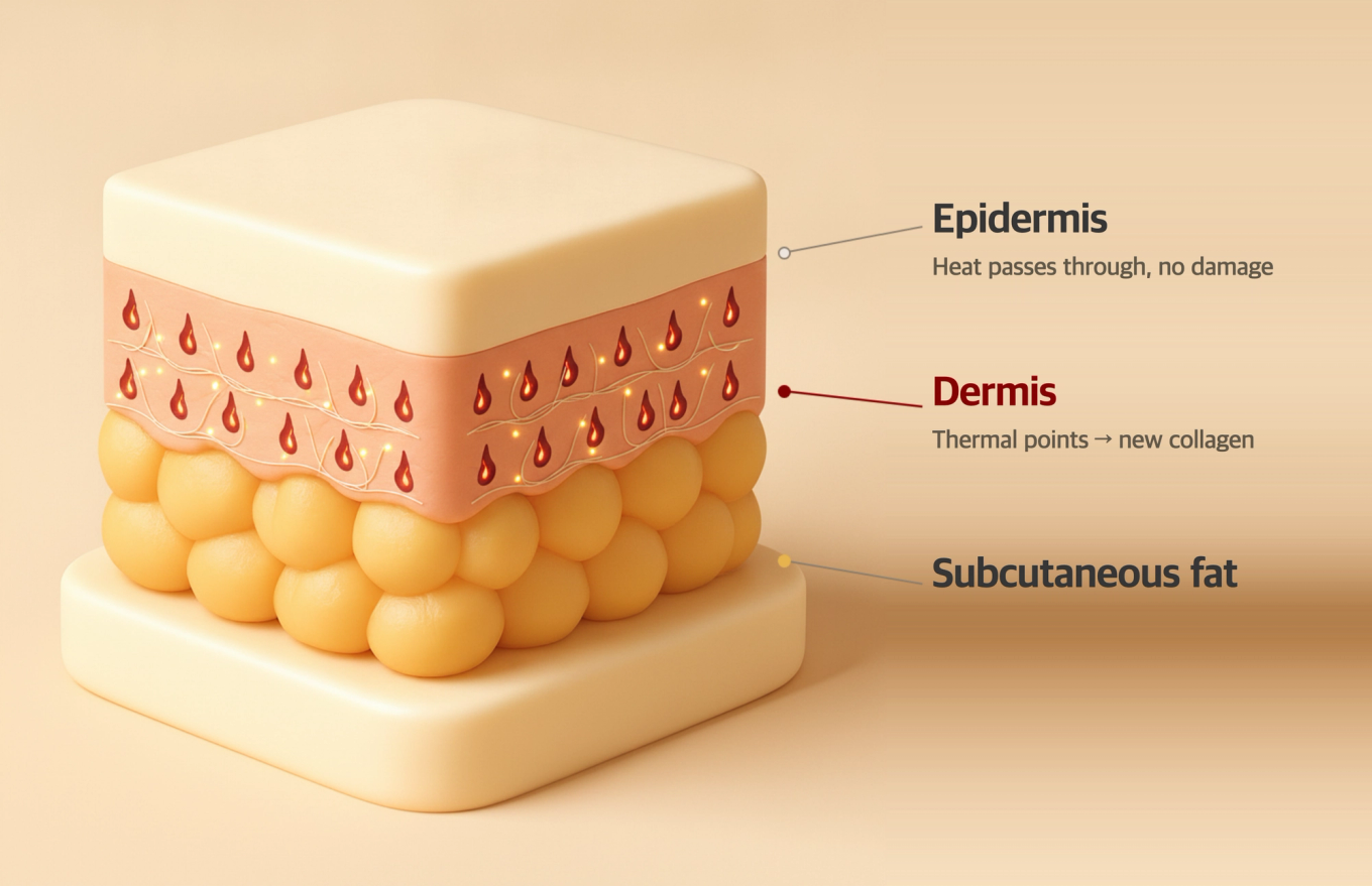 Ultrasound lifting leaves small thermal coagulation points at set depths in the dermis while the epidermis is left untouched