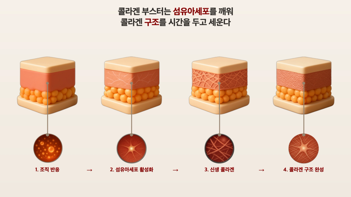 섬유아세포가 콜라겐 섬유를 촘촘한 그물망 구조로 짜 올리는 모습을 담은 피부 단면 3D 모형 도식
