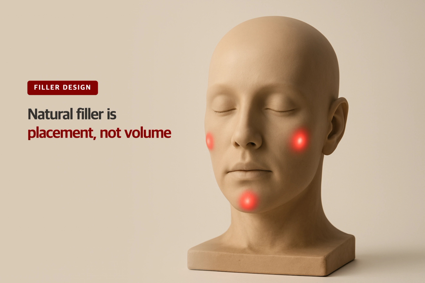 A realistic front-facing 3D facial model with three deep-red markers on the cheekbones and chin marking key support points, overlaid with the title on why natural filler is about placement and vector design, not volume