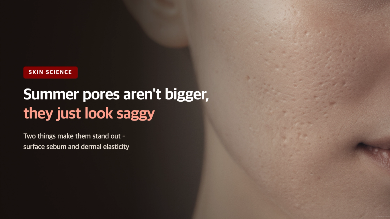 Summer pores aren't bigger, they just look saggy - two things make them stand out, surface sebum and dermal elasticity
