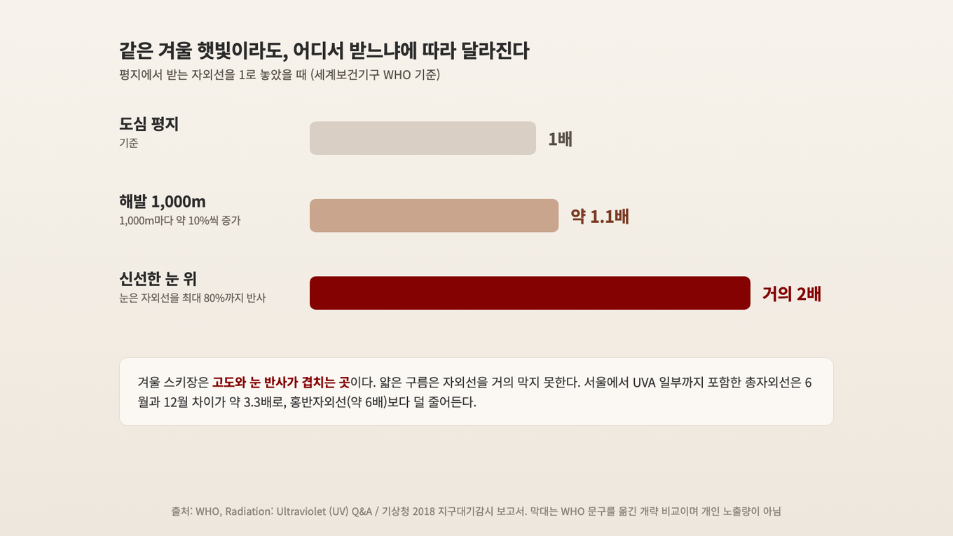 같은 겨울 햇빛이라도 해발 1,000m에선 약 10% 늘고, 신선한 눈 위에선 거의 두 배가 된다