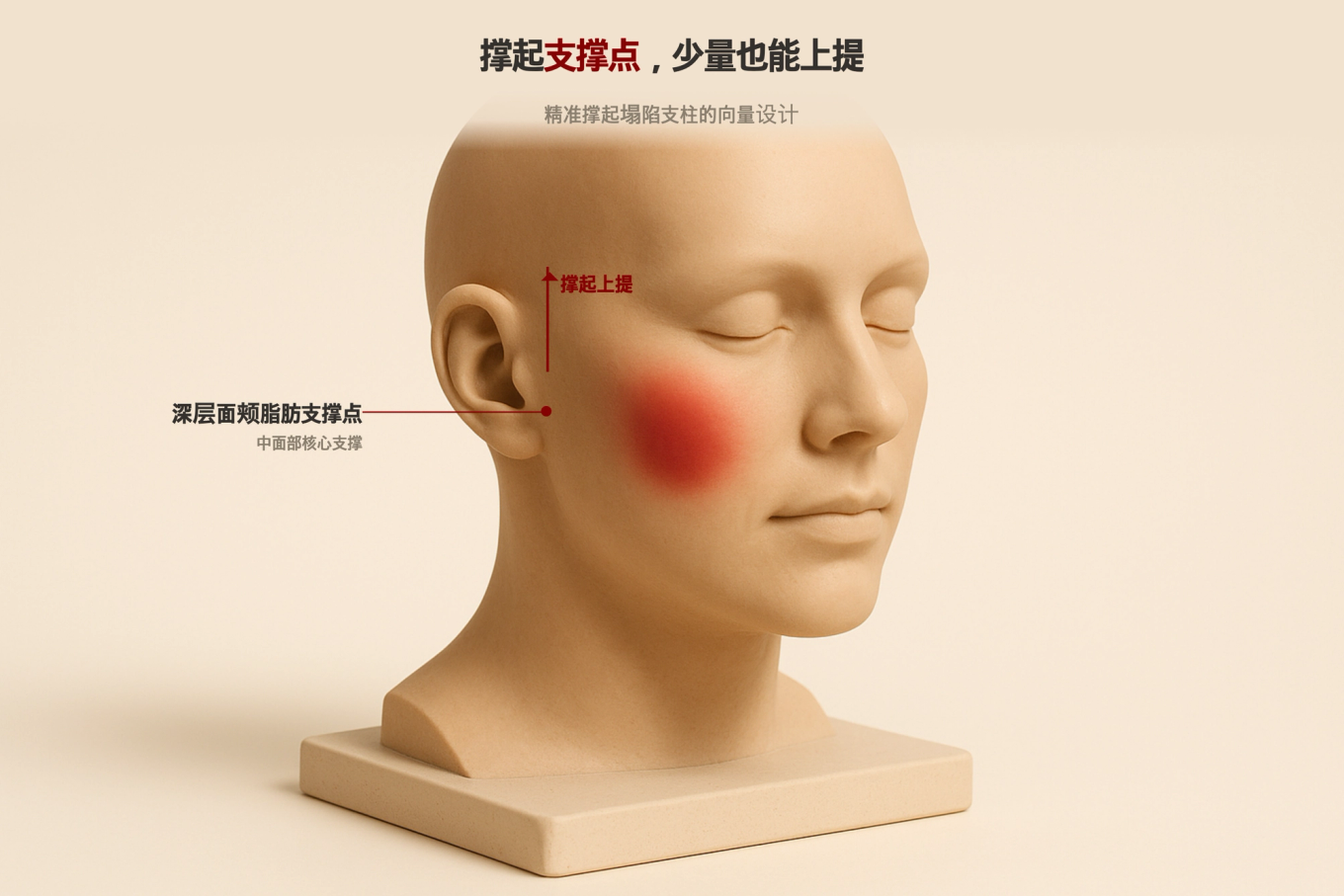 展示面部体积支撑的关键支撑点准确支撑后可用少量填充提升整个面部的支撑点概念3D模型示意图