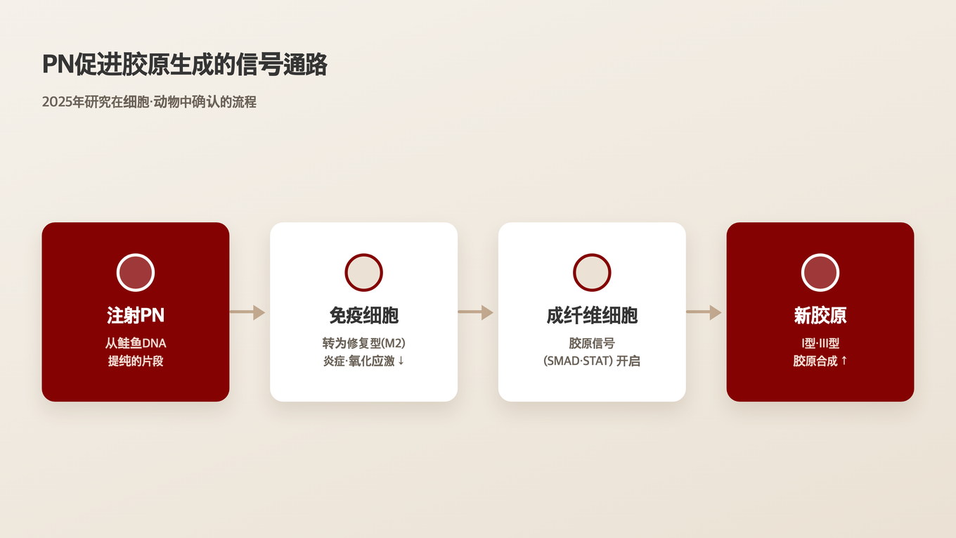 从PN注入到免疫细胞转换、成纤维细胞信号,再到新胶原蛋白生成的信号流程