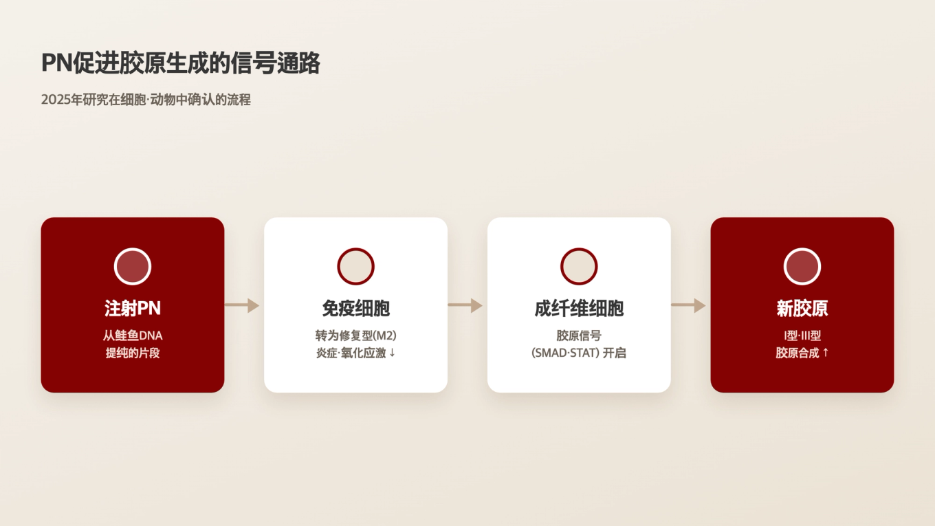 从PN注入到免疫细胞转换、成纤维细胞信号，再到新胶原蛋白生成的信号流程