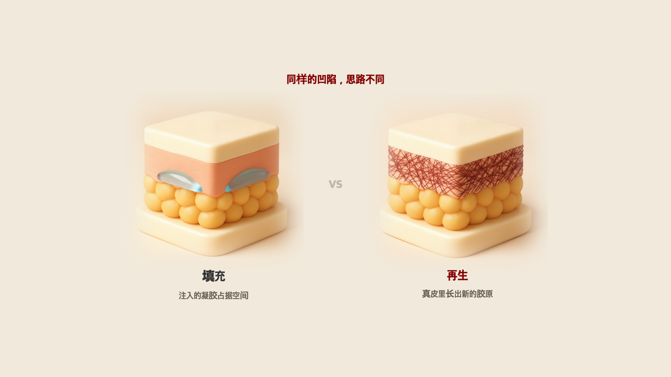 左侧是真皮/皮下有填充凝胶占位、补住凹陷空间的切面,右侧是真皮里重新织出新胶原网的切面 - 填充思路和再生思路的区别
