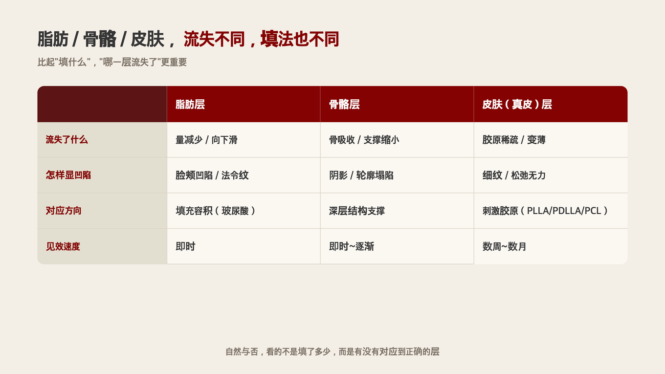 三层减少的原因和填充方案不同 - 脂肪是填充,骨骼是结构支撑,真皮是胶原刺激