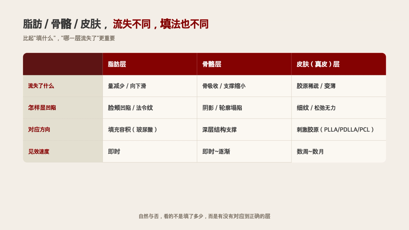三层减少的原因和填充方案不同 - 脂肪是填充，骨骼是结构支撑，真皮是胶原刺激