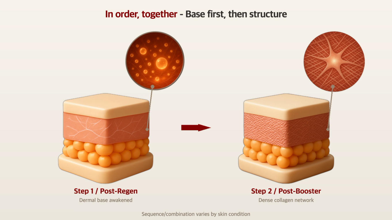 Timeline diagram from foundation preparation with regenerative treatment to structure building with collagen booster