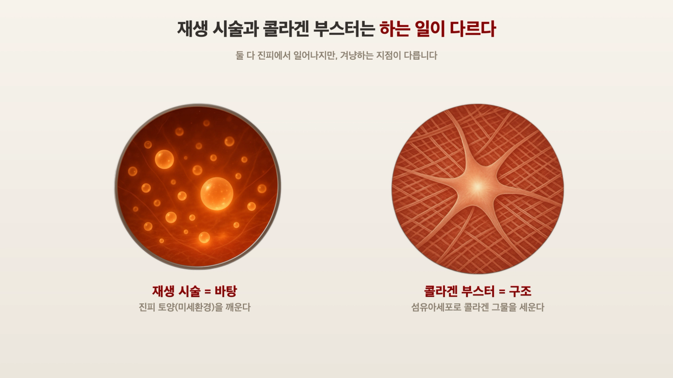 재생 시술이 진피 바탕(미세환경)을 활성화하는 모습과 콜라겐 부스터가 섬유아세포로 콜라겐 그물 구조를 세우는 모습을 진피 확대로 좌우 대비한 도식