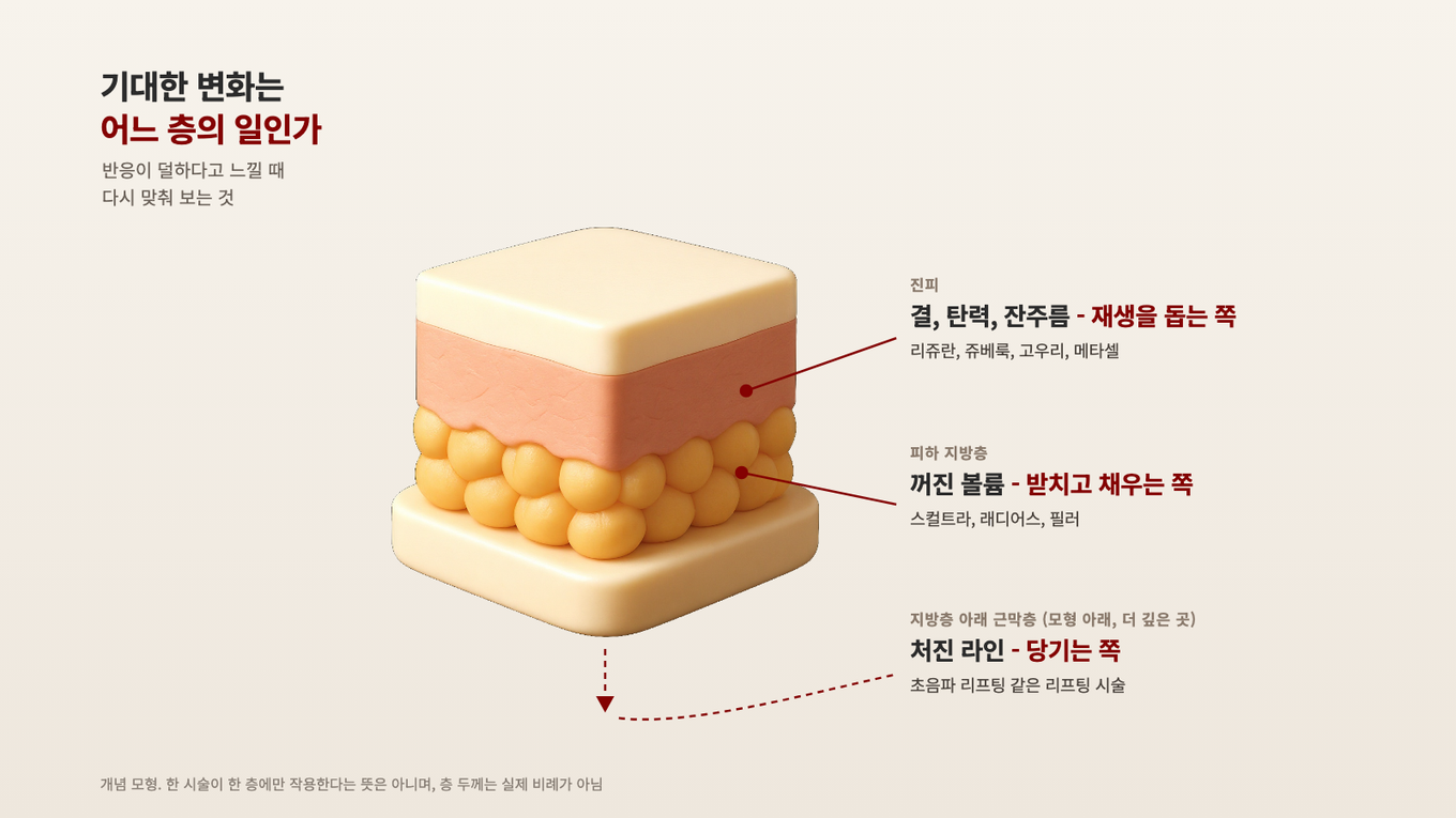 얼굴 고민마다 원인이 있는 층이 달라서, 진피 결은 리쥬란과 쥬베룩, 꺼진 볼륨은 스컬트라와 래디어스, 처진 라인은 리프팅 쪽에서 본다
