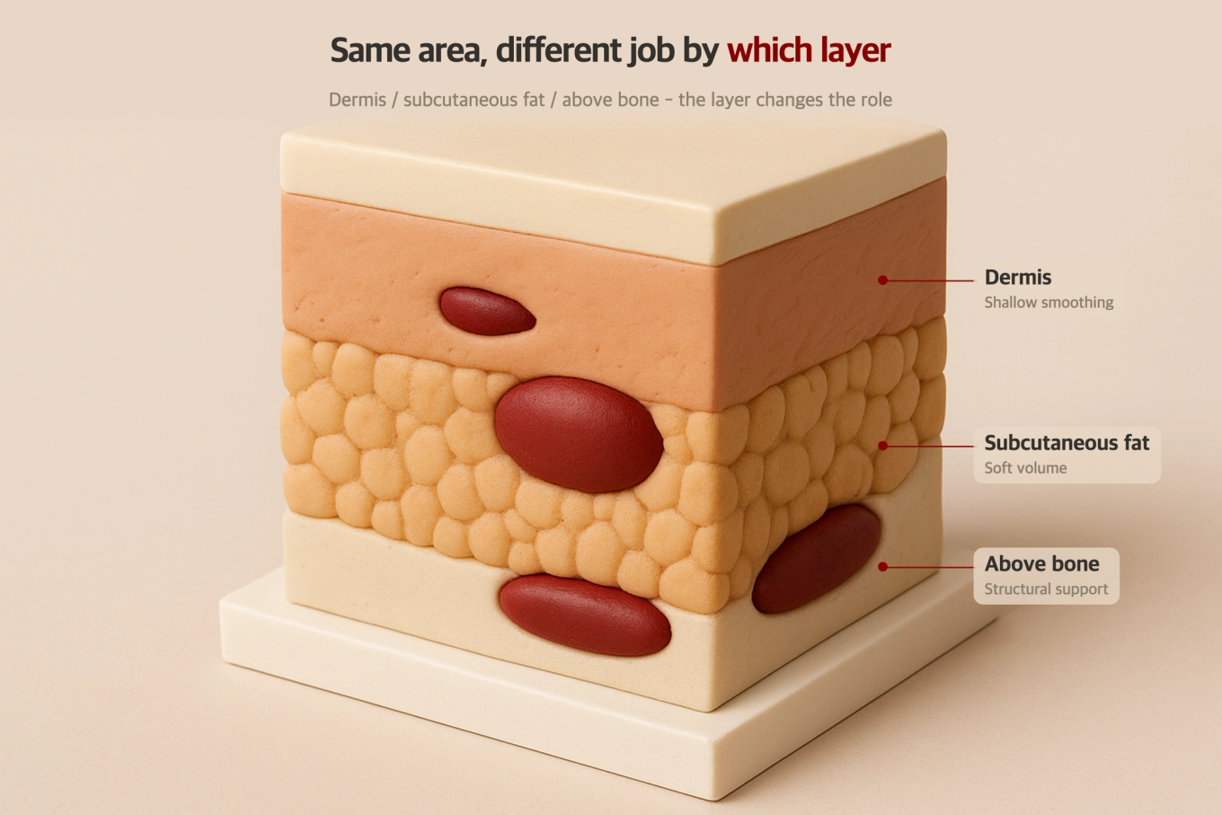A 3D model diagram showing how the role of fillers changes depending on whether they are applied to the dermis, subcutaneous fat, or above the bone