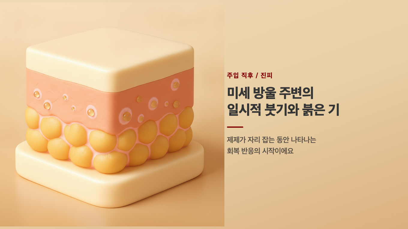 주입 직후 진피 - 미세하게 나뉘어 들어간 제제 주변으로 일시적인 붓기와 붉은 기가 도는 상태