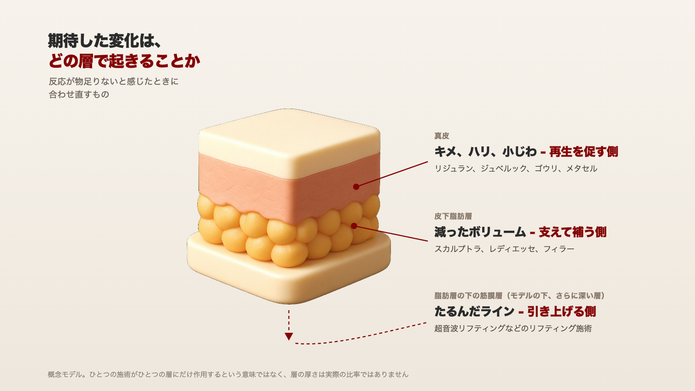 顔の悩みによって原因のある層が異なり、真皮のキメはリジュランやジュベルック、減ったボリュームはスカルプトラやレディエッセ、たるんだラインはリフティング系の施術で考える
