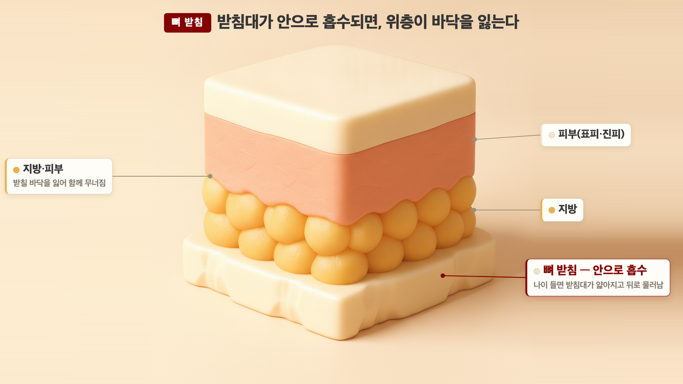 나이 들면 뼈 받침이 안으로 흡수돼 얇아지고, 그 위 지방과 피부가 받칠 바닥을 잃는다