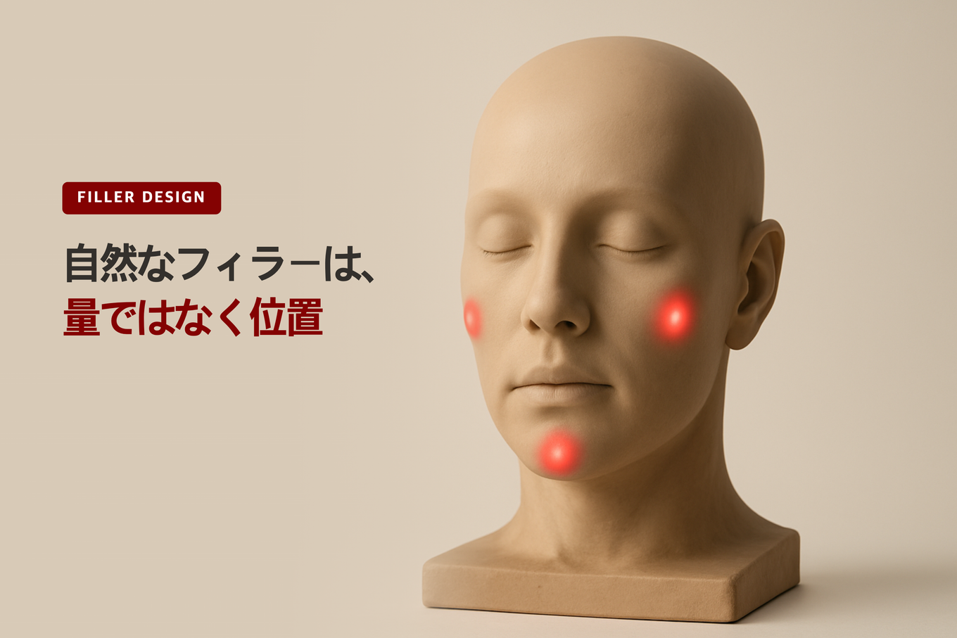両頬骨と顎の3つの支点に濃赤マーカーが付いた正面の3D顔モデルを背景に、自然なフィラーは量ではなく位置とベクトル設計だというタイトルを載せたサムネイル