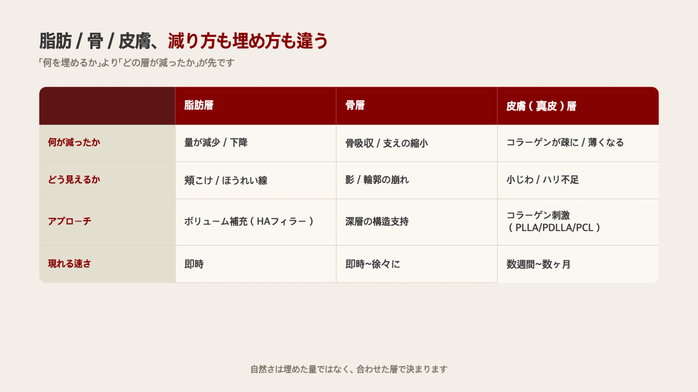3層は減ったものもアプローチも異なる - 脂肪はボリュームを埋め、骨は構造を支え、真皮はコラーゲンを再構築する