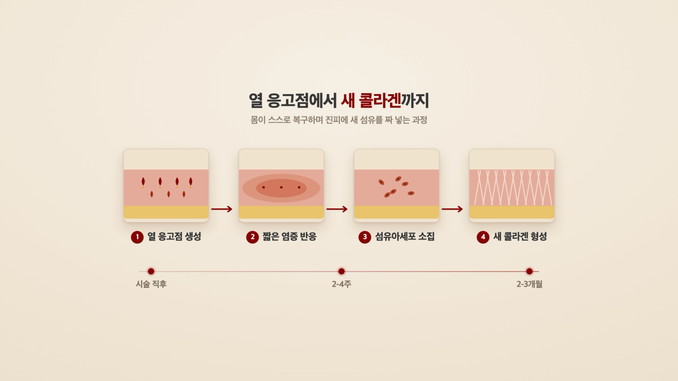 열 응고점이 생기면 섬유아세포가 모여 몇 주에서 몇 달에 걸쳐 새 콜라겐을 짜 넣는다