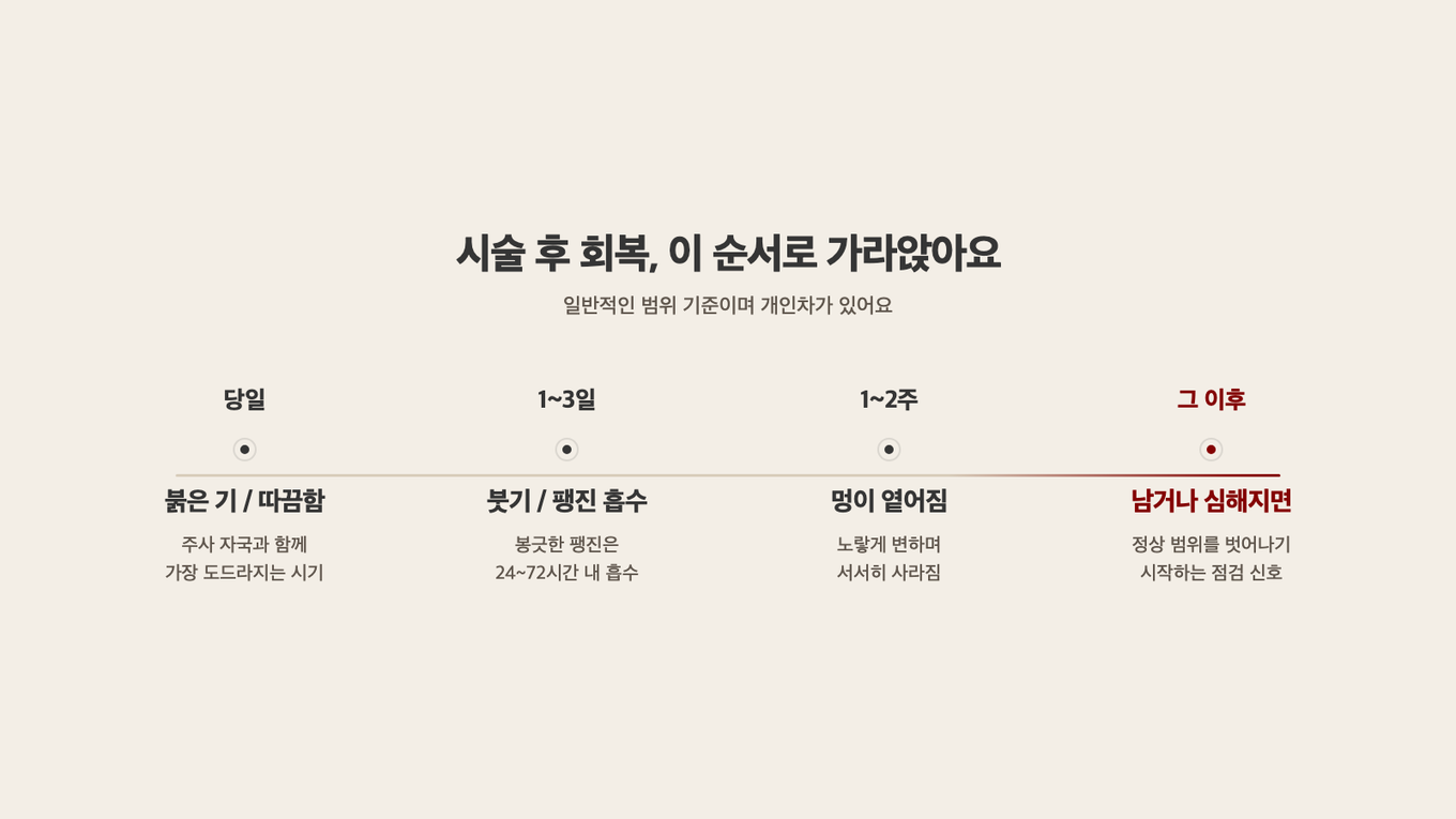시술 당일의 붉은 기와 팽진은 23일 안에, 멍은 12주 안에 순서대로 가라앉는 회복 흐름