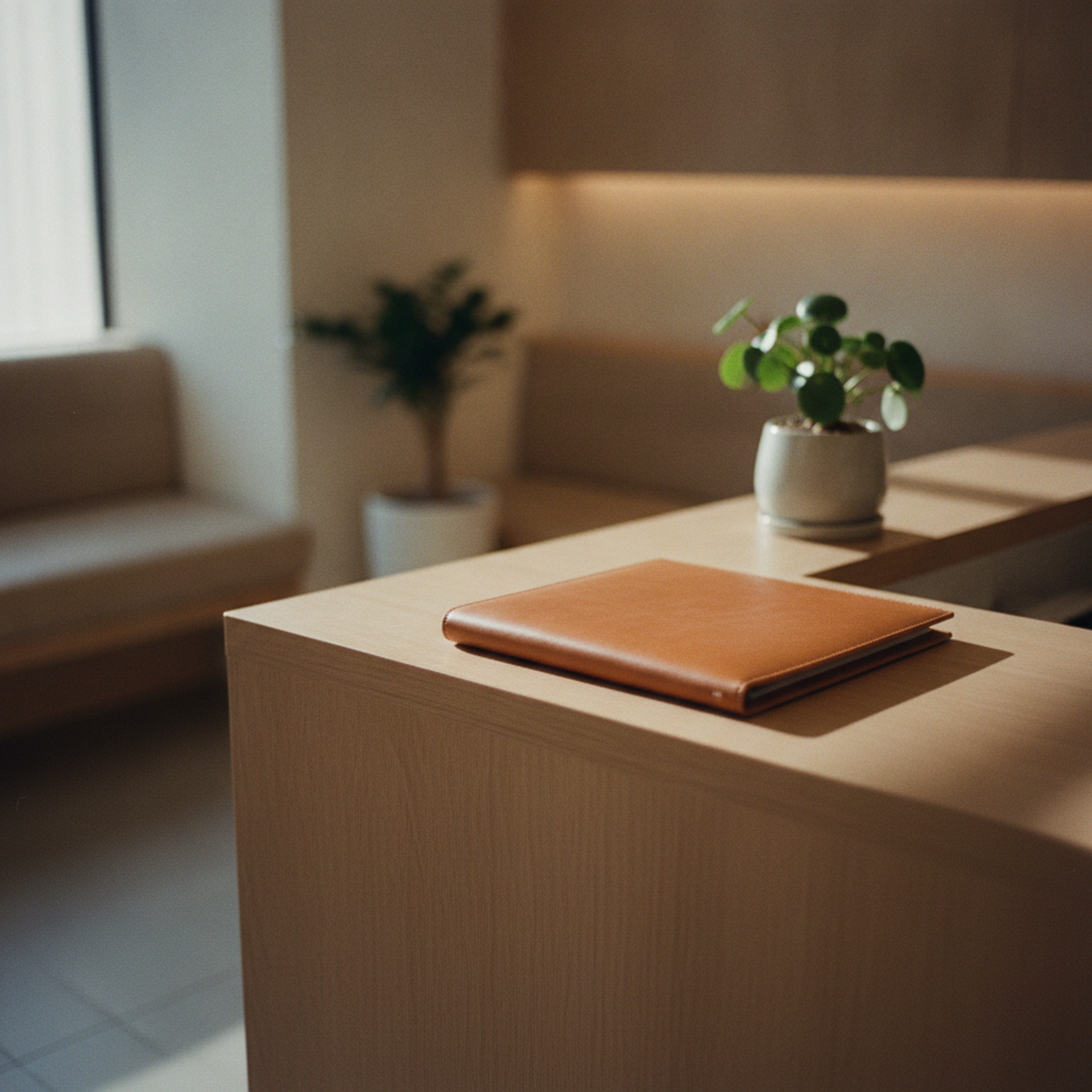 Detail of a calm and careful information-checking atmosphere in a dermatology consultation corner