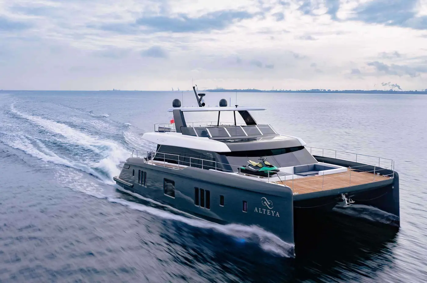 P/CAT ALTEYA, the Sunreef 70 Power catamaran of the George Yachts list, under way at 14 knots off the Greek coast with her jet ski on the foredeck; she is based at Alimos marina, Athens