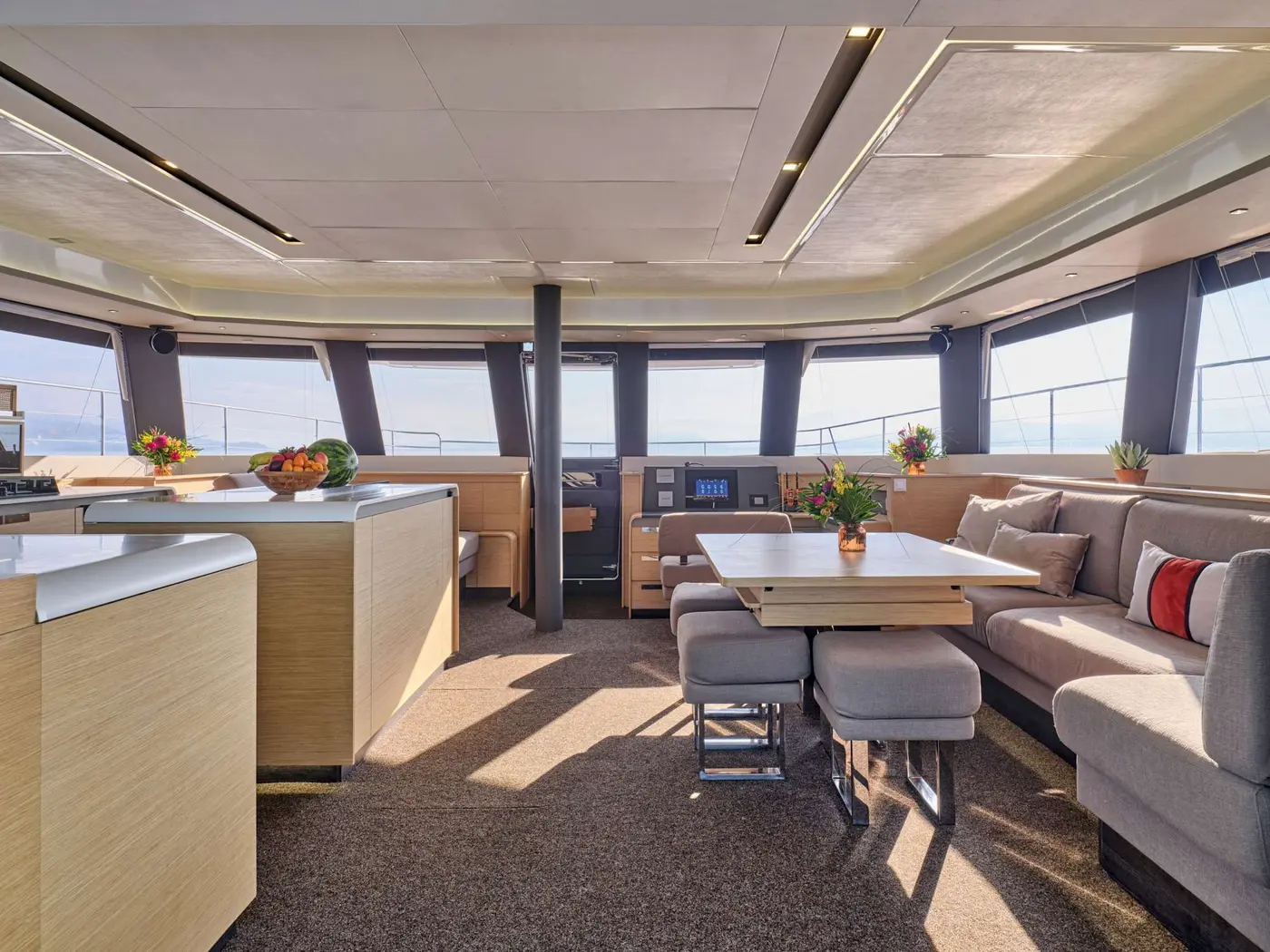 P/CAT ARIVA, a Fountaine Pajot Power 67, at anchor in Greek waters. A five cabin power catamaran chartered from Corfu.