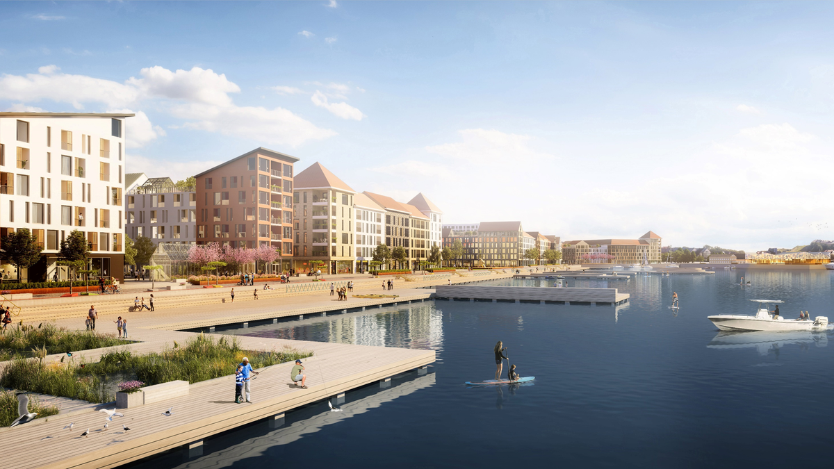 Vy från Magasin 7 över kommande kajpromenaden i Västerport. Illustration, Varbergs kommun.