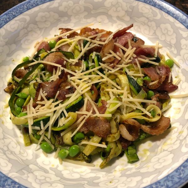 Pesto Pasta with Peas and Pork