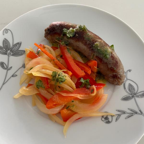 Bratwurst with Peppers, Onions and Mustard Thyme Vinaigrette