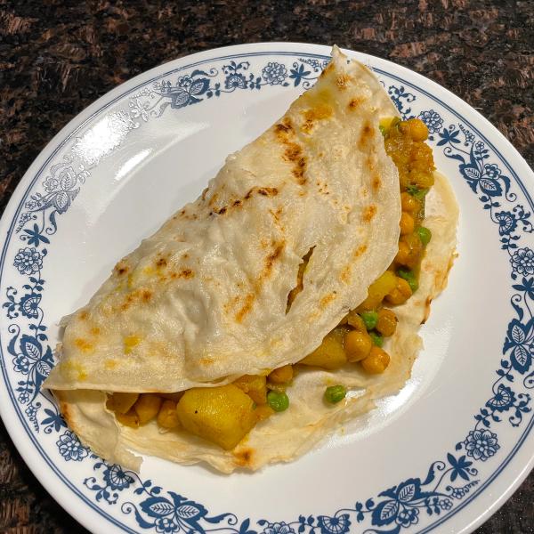 Rava Dosas with Potato Chickpea Masala