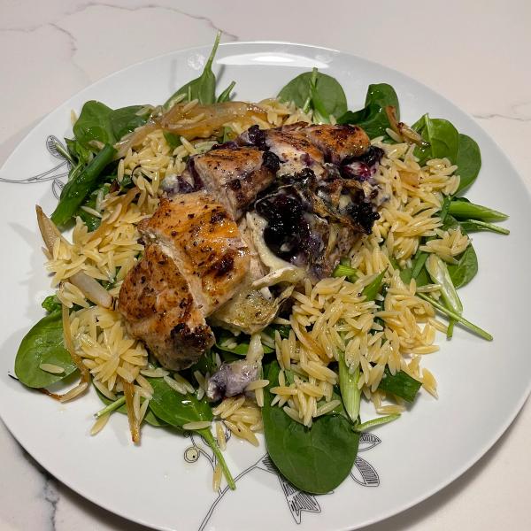 Berry And Brie Stuffed Chicken Breast Over Orzo Spinach Salad