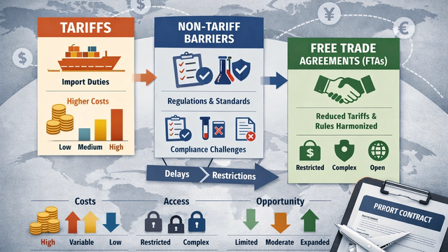 Understanding Tariffs, Non-Tariff Barriers, Free Trade Agreements, and Rules of Origin.