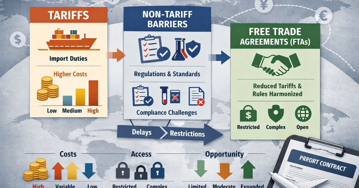 Understanding Tariffs, Non-Tariff Barriers, Free Trade Agreements, and Rules of Origin.