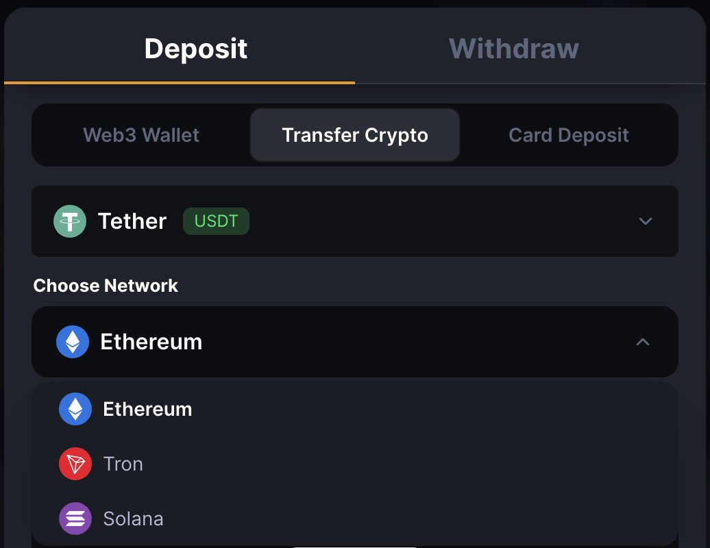 MetaWin Transfer Crypto tab with Tether selected and network dropdown showing Ethereum, Tron, and Solana
