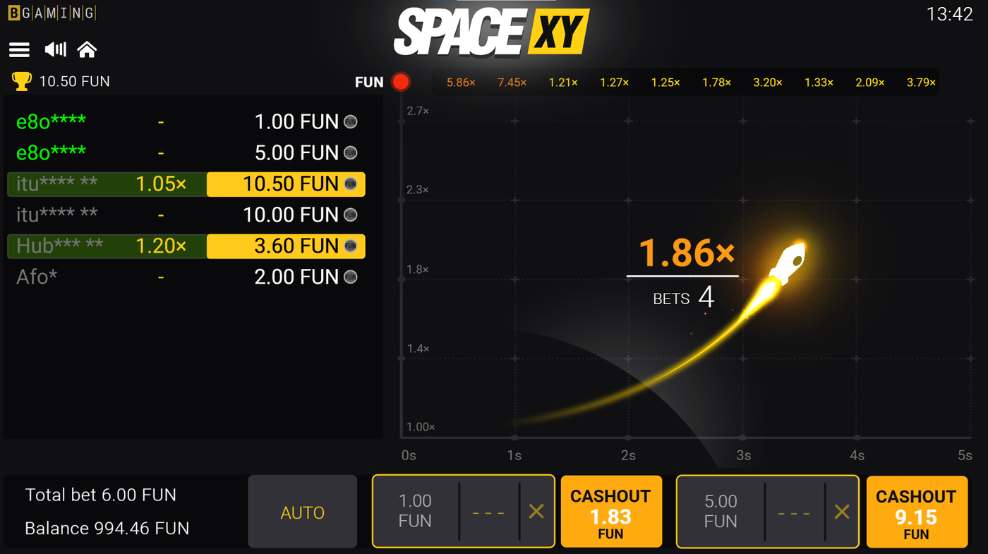 Space XY active round showing rocket at 1.86x multiplier with X/Y axis graph, dual bet panels, and player cashout list