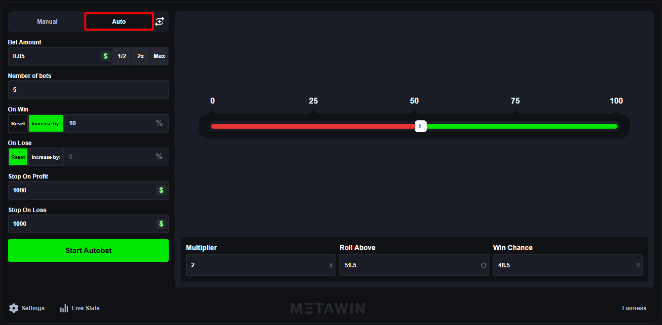 MetaWin Dice Auto tab showing Number of bets, On Win, On Lose, Stop On Profit and Stop On Loss fields with the dice slider