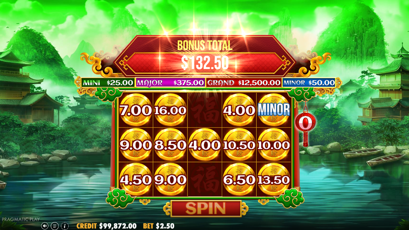 Chests of Cai Shen Prosperity Bonus trigger showing the green chest activated with Random Upgrade After Every Spin, Mini and Major jackpot values visible