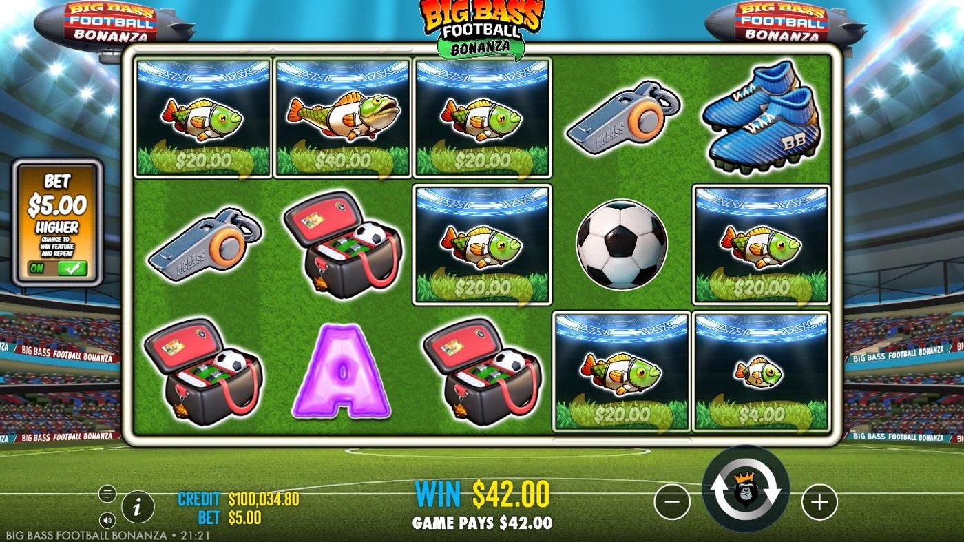 Big Bass Football Bonanza free spins bonus round with money symbols showing cash values