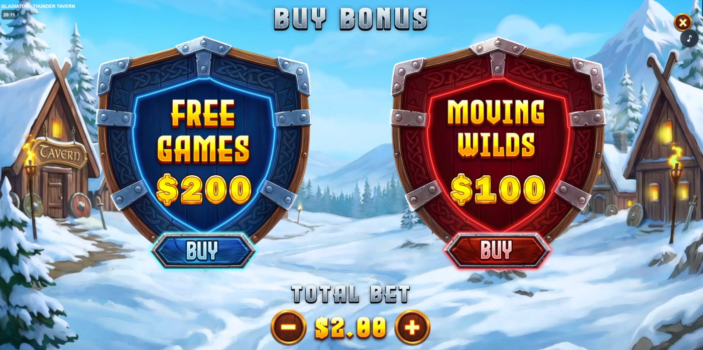 Thunder Tavern Buy Bonus screen showing Free Games and Moving Wilds purchase options