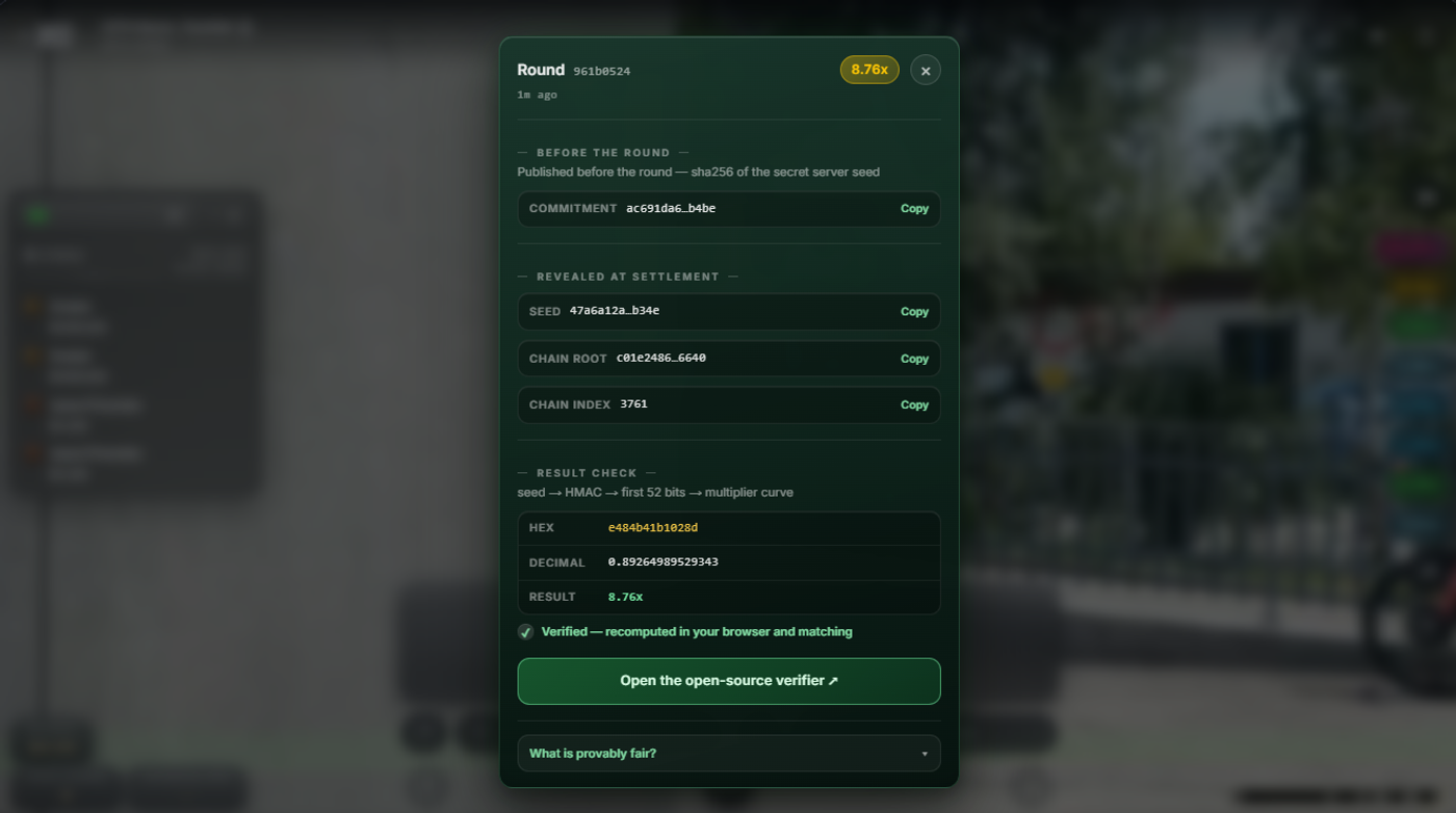Footfall provably fair verification panel showing server seed, chain root, and verified 8.76x result