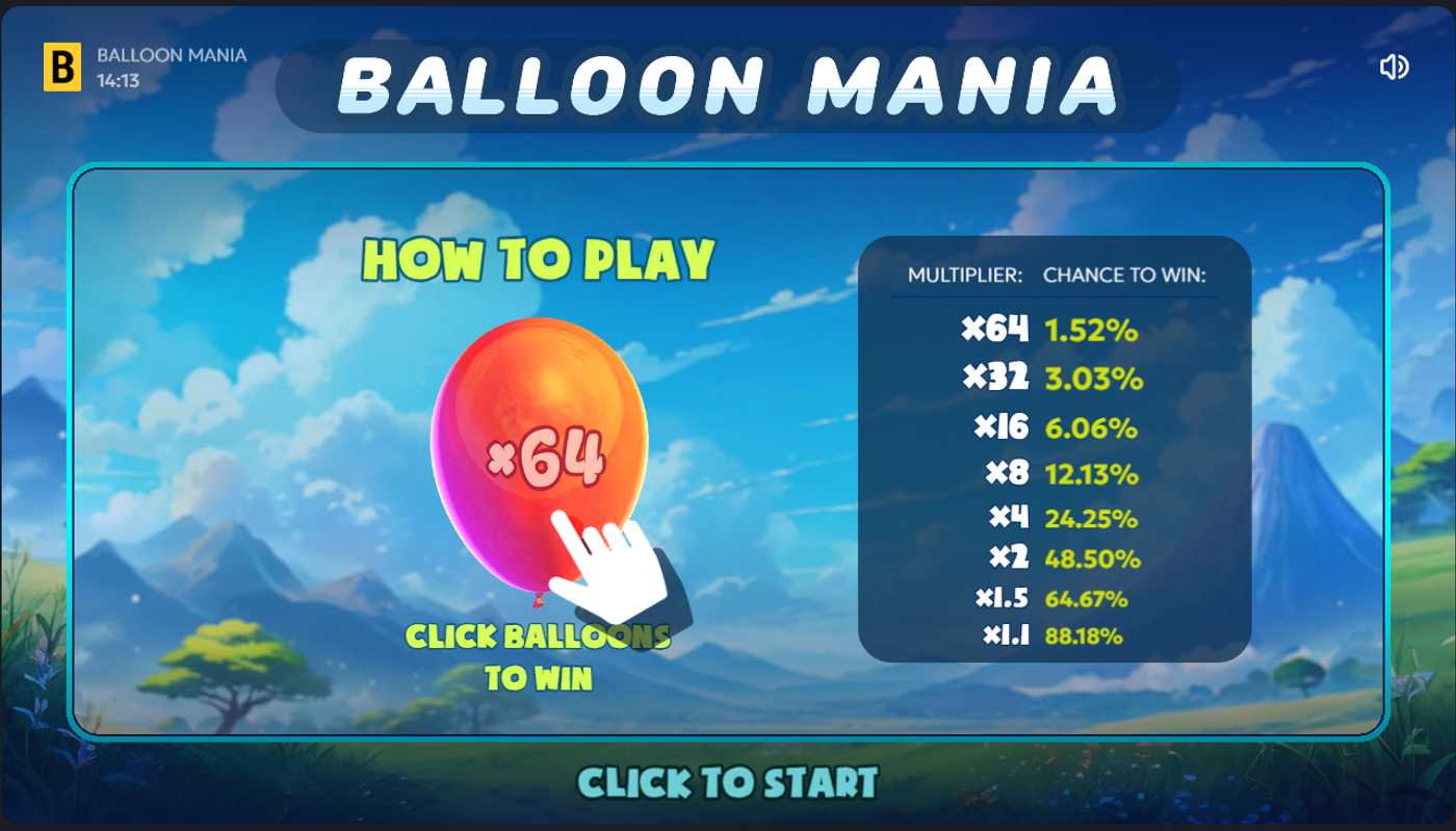 Balloon Mania How to Play screen showing multiplier tiers and chance to win percentages from 1.1x at 88% to 64x at 1.52%