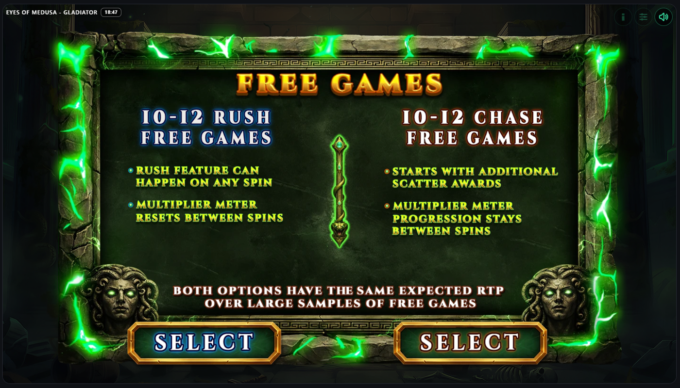 Eyes of Medusa Free Games selection screen showing Rush and Chase options with multiplier details