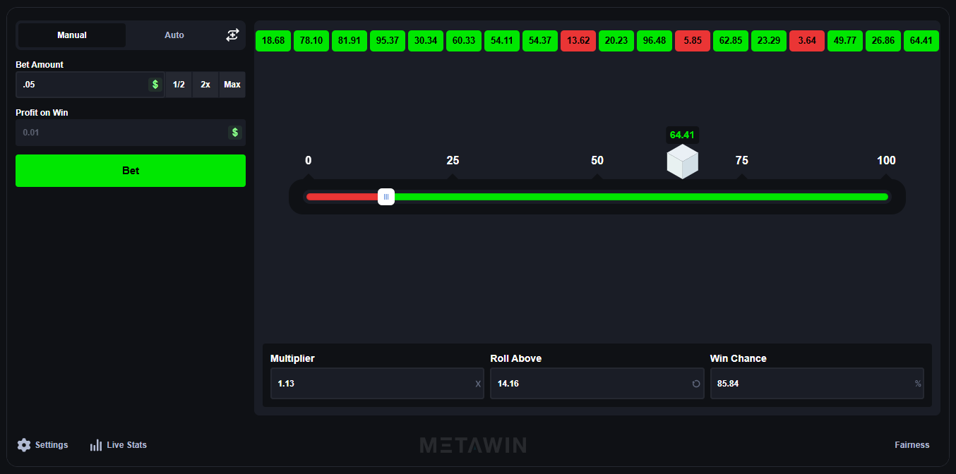 MetaWin Dice game interface showing the target slider, roll result, multiplier, and win chance panel