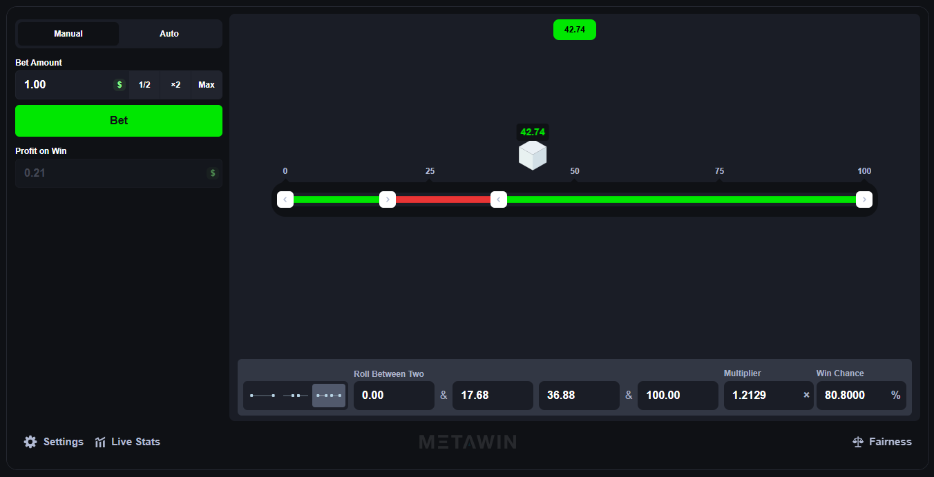 Prime Dice Roll Between Two mode with two ranges covering an 80.80% win chance at a 1.2129x multiplier