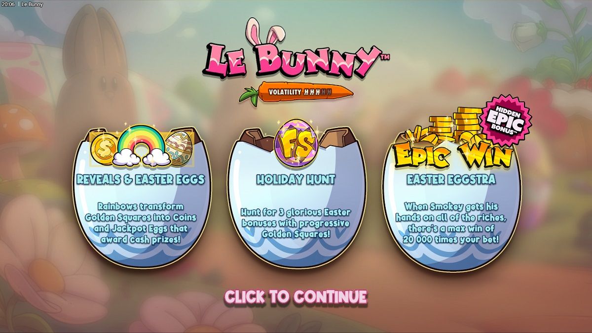 Le Bunny splash screen showing the three main features: Reveals & Easter Eggs, Holiday Hunt, and Easter Eggstra