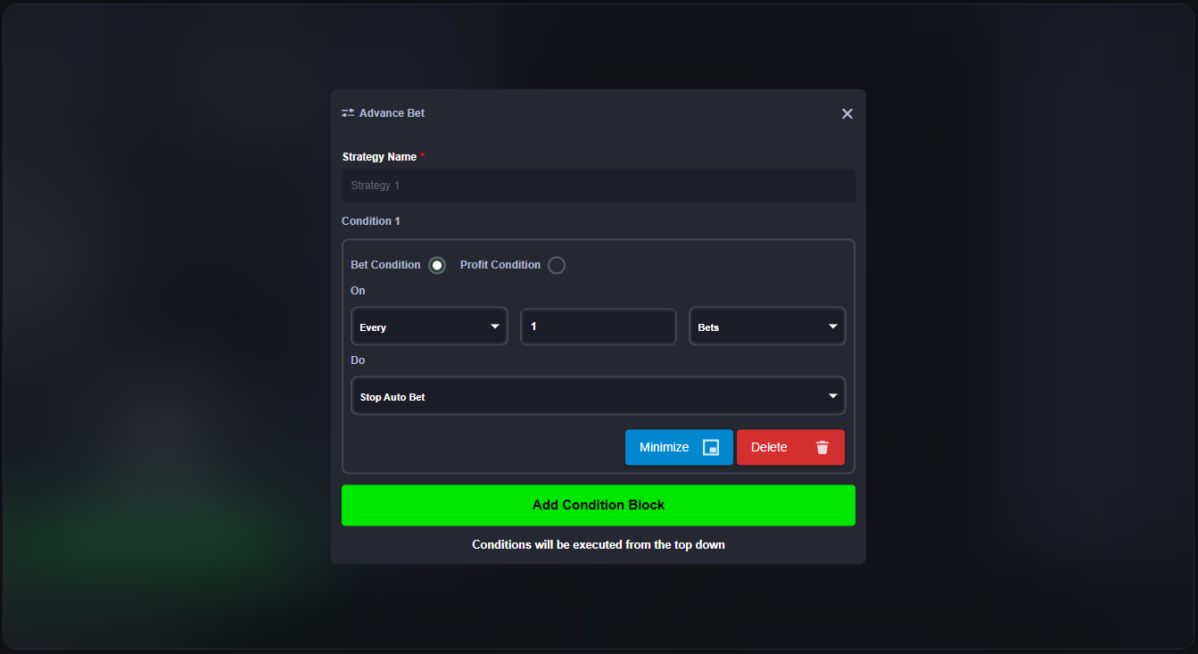 MetaWin Dice Create Strategy screen showing blank condition builder with Bet Condition and Profit Condition options