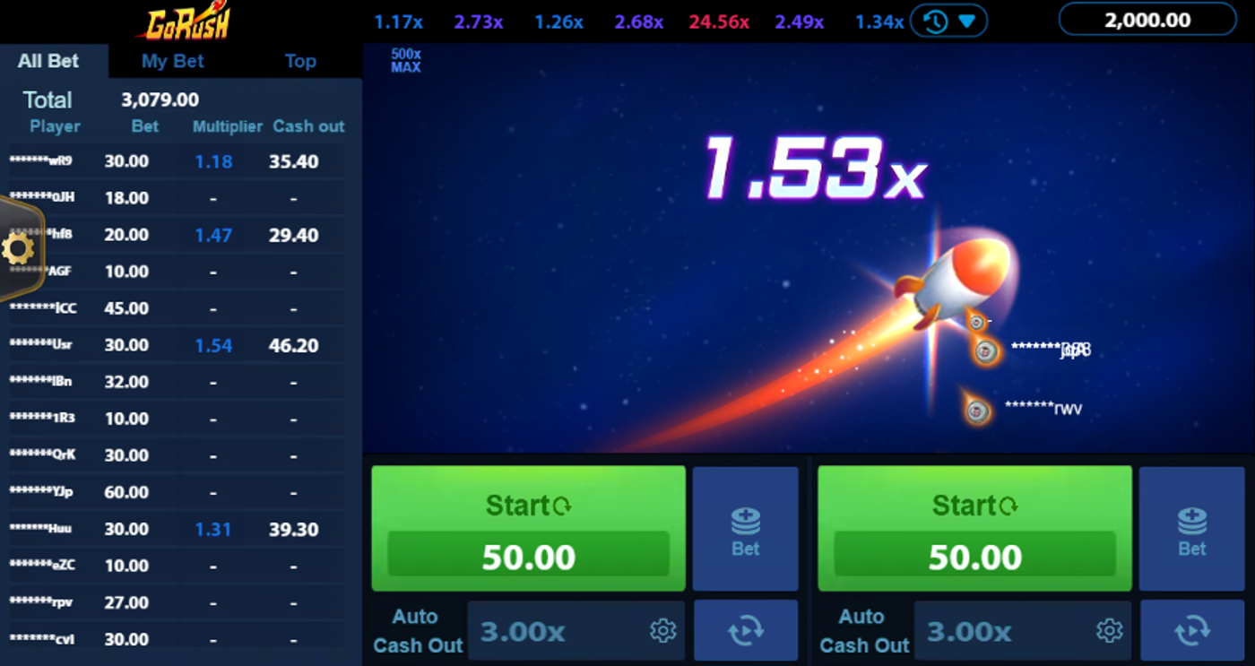 Go Rush crash game showing a 1.53x multiplier with dual betting panels and player list