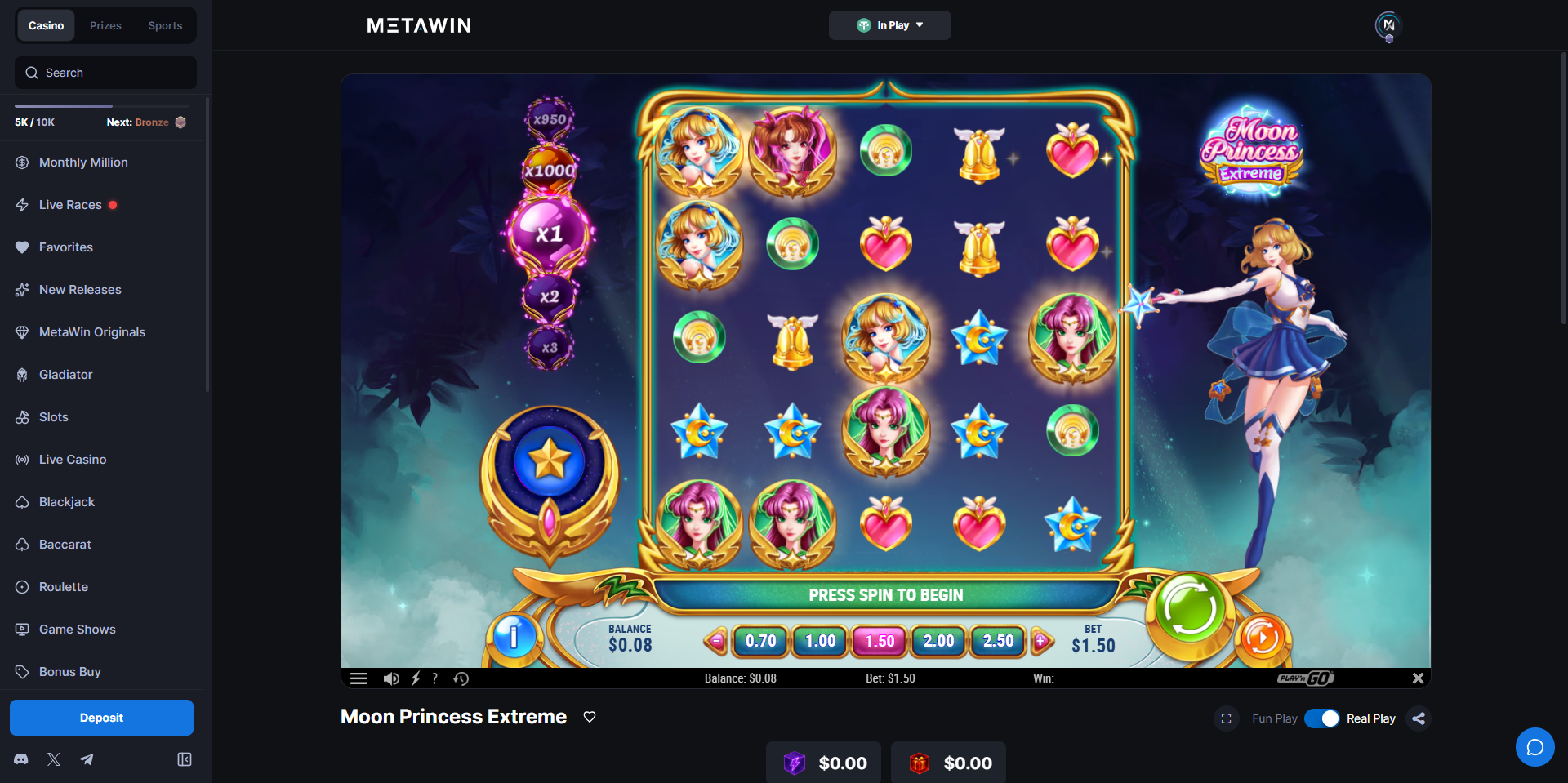 Moon Princess Extreme slot on MetaWin showing the princess trio with multiplier meters and magical girl theme
