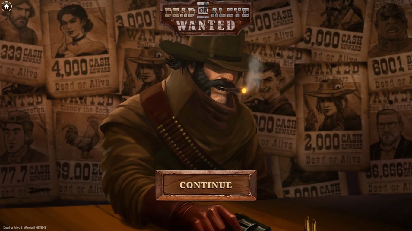 Dead or Alive 3: Wanted splash screen showing a bounty hunter with wanted posters in the background
